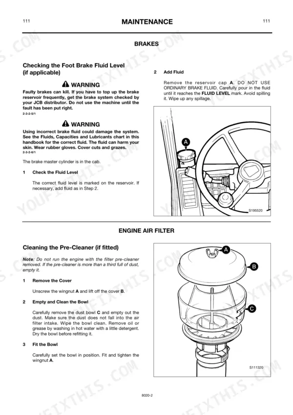 JCB 520-55 RS, 520S, 526 maintenance guide: foot brake fluid level check and engine air filter pre-cleaner cleaning procedures.