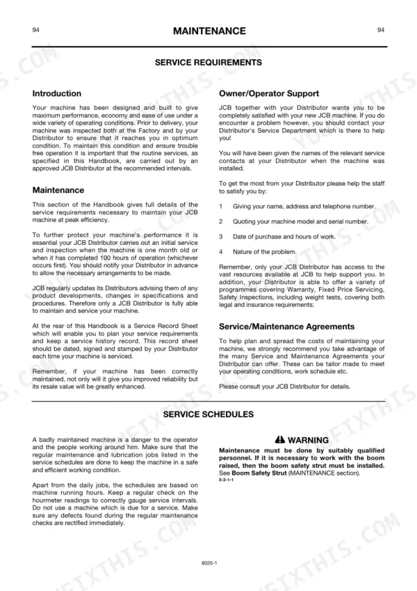 JCB 520-55 RS, 520S, 526 maintenance manual page covering service requirements, owner support, and maintenance agreements.