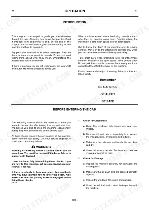 JCB 520-55 RS, 526, 526S operation manual: introduction, safety warnings, and pre-entry cab inspection procedures.