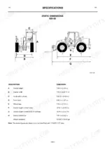 jcb-520-55-to-526s-loadall-operator-manual-9801-8020-specs-147.webp JCB 520-55 RS Construction, 520-55 RS Farm Special, 520-55 AWS Construction, 520-55 AWS Farm Special, 520S, 526-55, 526, 526S static dimensions diagram and specifications table.