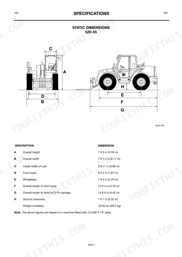 JCB 520-55 RS Construction, 520-55 RS Farm Special, 520-55 AWS Construction, 520-55 AWS Farm Special, 520S, 526-55, 526, 526S static dimensions diagram and specifications table.