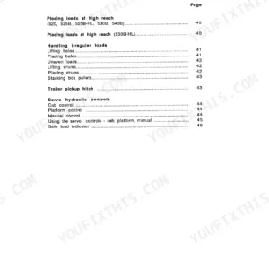JCB 520, 520M, 520-HL, 525B, 52B-HL, 540B, 540BM, 530B, 530B-HL manual contents page for load handling and servo controls.