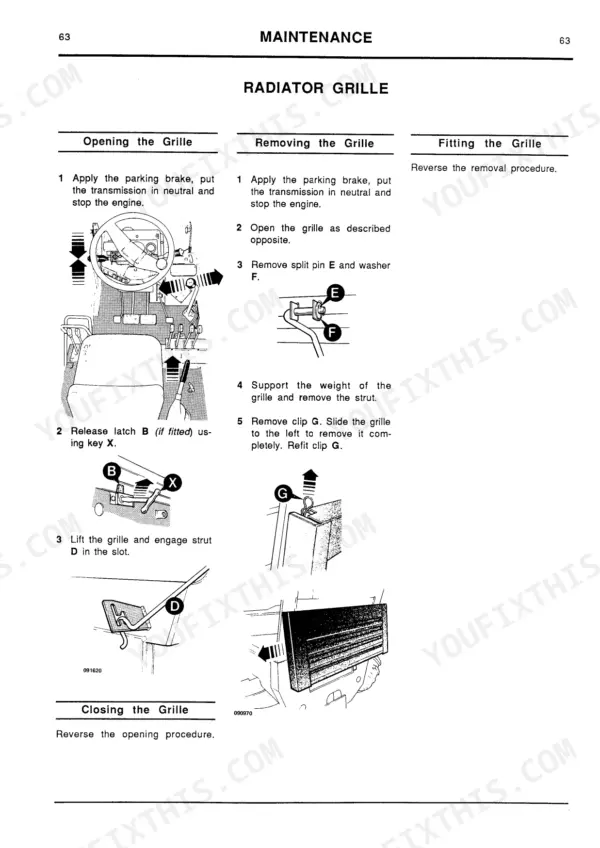 JCB 520, 520M, 520-HL, 525B, 52B-HL, 540B, 540BM, 530B, 530B-HL maintenance manual: procedures for opening, removing, and fitting radiator grille.