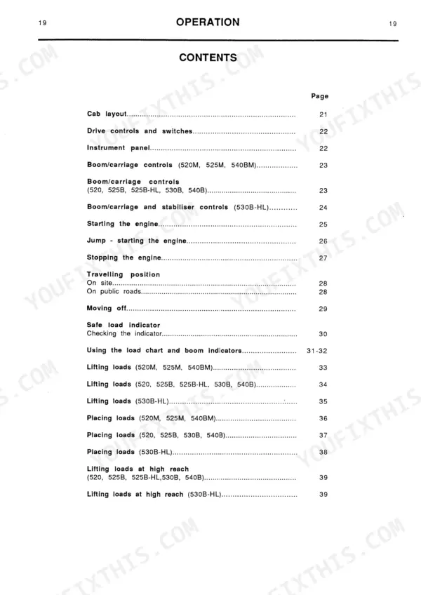 JCB 520, 520M, 520-HL, 525B, 52B-HL, 540B, 540BM, 530B, 530B-HL Operation manual contents page listing controls and procedures.