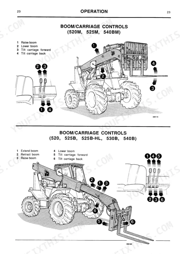 JCB 520, 520M, 520-HL, 525B, 52B-HL, 540B, 540BM, 530B, 530B-HL boom and carriage control lever operation diagrams.