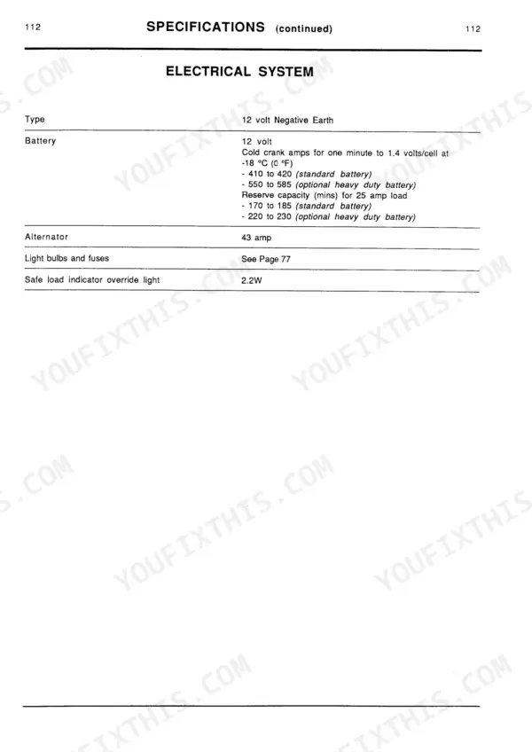 JCB 520, 520M, 520-HL, 525B, 52B-HL, 540B, 540BM, 530B, 530B-HL electrical system specifications table for battery and alternator.