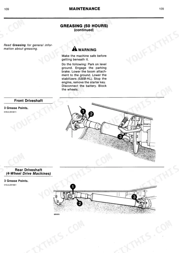 JCB 520M, 525B-HL, 530B-HL maintenance manual showing 50-hour greasing procedures for front and rear driveshafts.