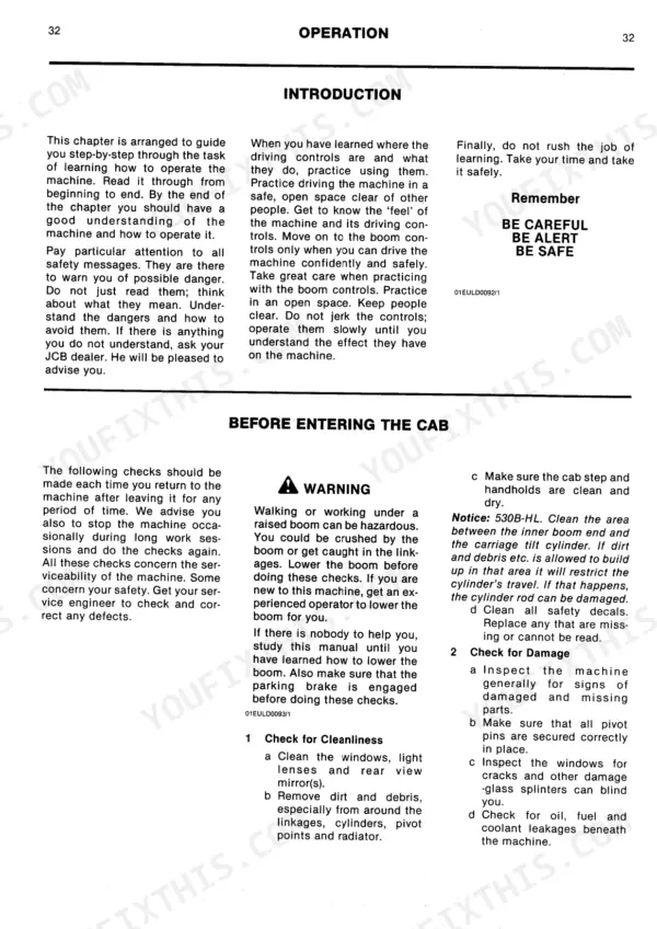 JCB 520M, 525B-HL, 530B-HL operator manual page 32 covering machine operation introduction and pre-entry safety checks.