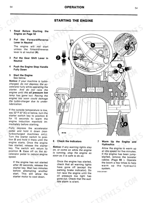 JCB 520M, 525B-HL, 530B-HL engine starting procedure with operator controls diagram showing levers, pedals, and ignition key.