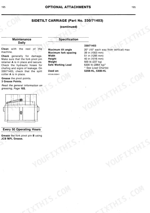 JCB 520M, 525B-HL, 530B-HL Sidetilt Carriage 330/71403 maintenance, specifications, and component diagram.