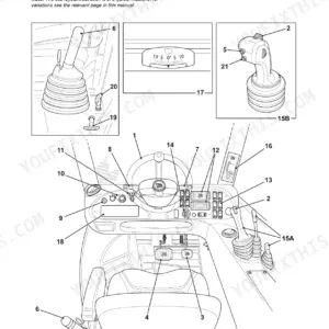 JCB 524-50, 527-55 cab layout diagram showing operator controls, steering wheel, joystick, pedals, and instrument cluster.