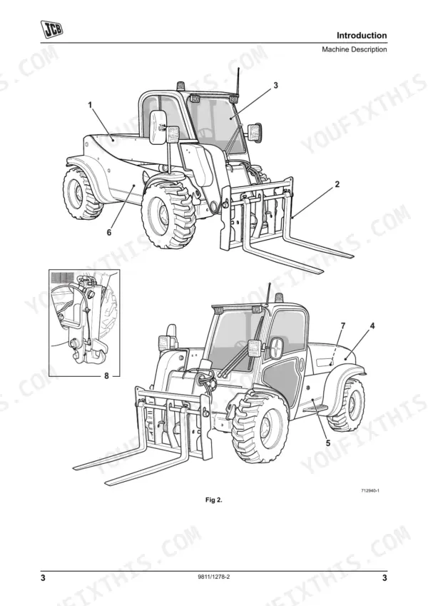 JCB 524-50, 527-55 machine description diagram showing numbered exterior components and fork carriage assembly.