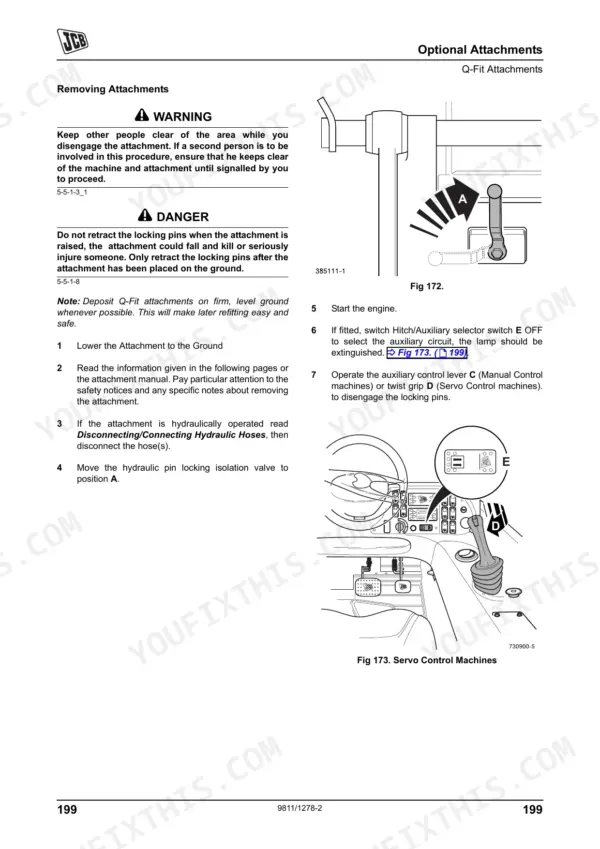 JCB 524-50, 527-55 procedure for removing Q-Fit attachments, including hydraulic locking pin operation and control diagrams.