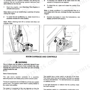JCB 525-58, 525-67, 527-58, 527-67, 530-67, 535-67 air conditioning operation instructions and boom servo control lever details.