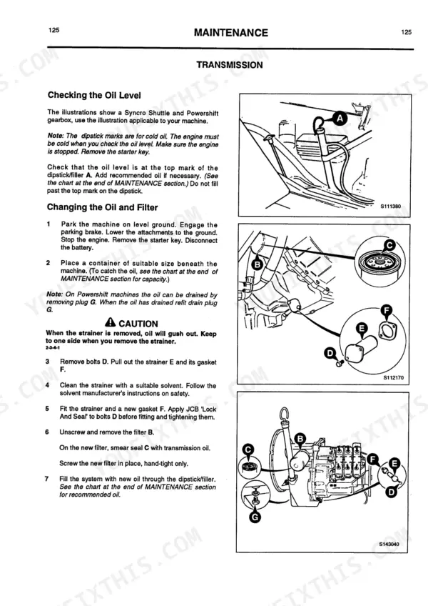 JCB 525-58, 525-67, 527-58, 527-67, 530-67, 535-67 transmission maintenance procedures, oil level check, and filter change diagrams.