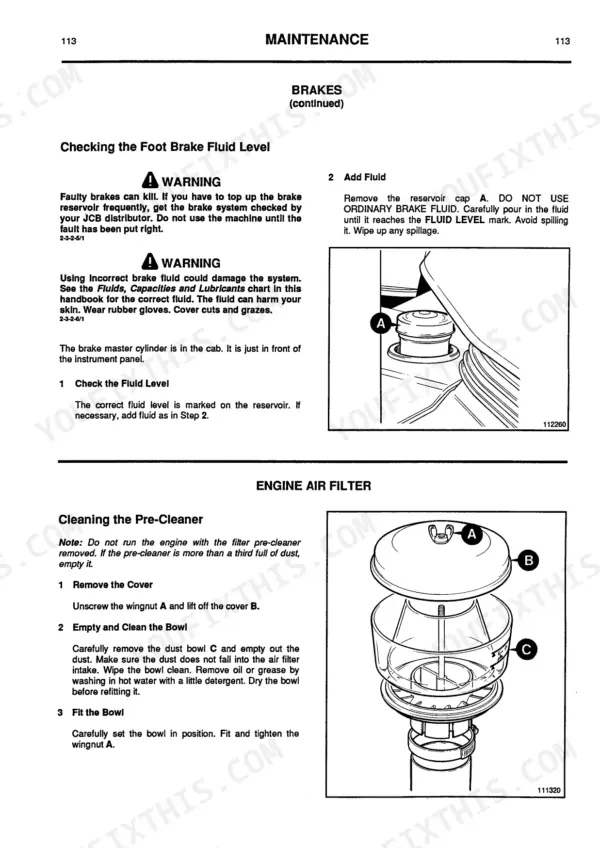 JCB 525-58, 525-67, 527-58, 527-67, 530-67, 535-67 maintenance manual: foot brake fluid level check and engine air filter cleaning.