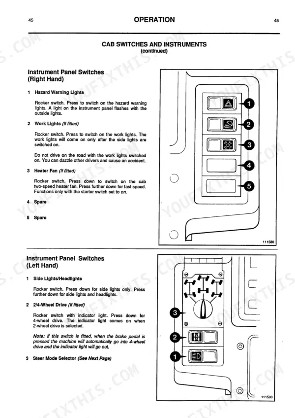 JCB 525-58, 525-67, 527-58, 527-67, 530-67, 535-67 cab switches and instrument panel operation diagrams.