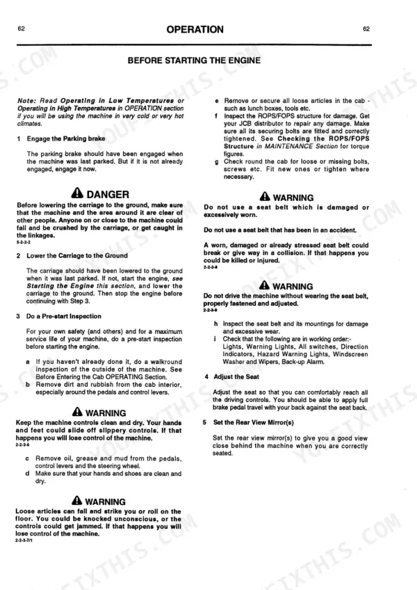JCB 525-58, 525-67, 527-58, 527-67, 530-67, 535-67 manual page detailing pre-start inspection and engine start safety procedures.