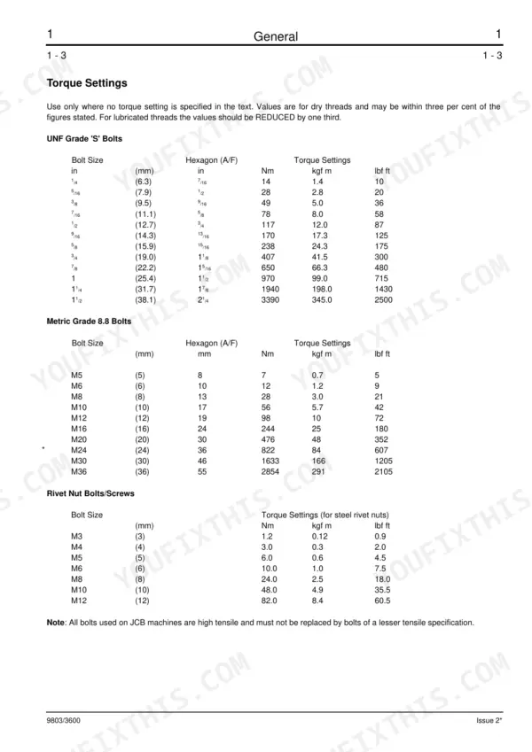 JCB 525-58 to 537-130 service manual torque settings table for UNF Grade S, Metric 8.8 bolts, and rivet nut screws.