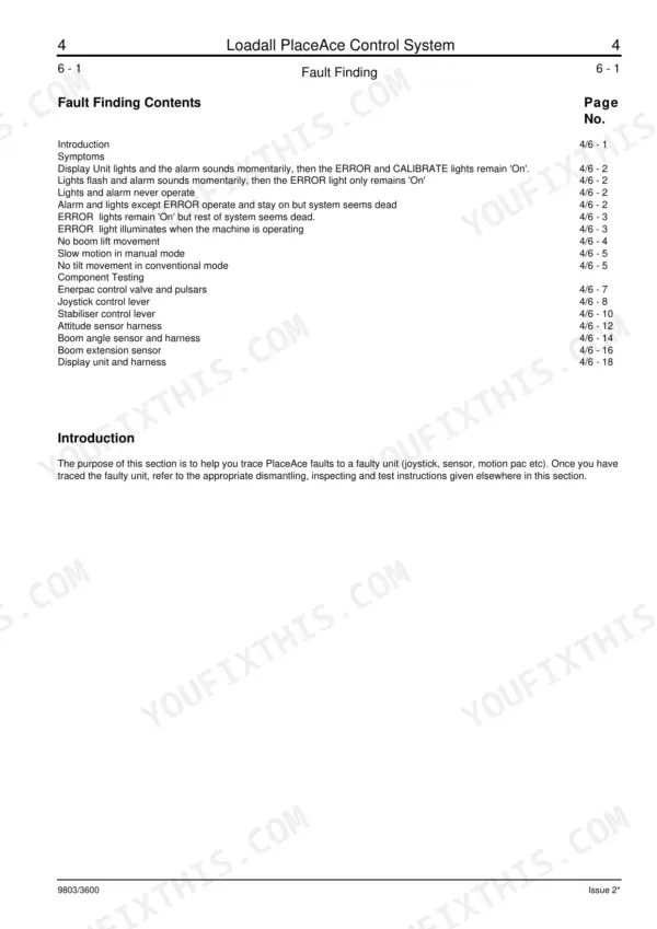 JCB 525-58, 525-58 Farm Special, 525-67, 525-67 Farm Special, 525-58 Farm Special Plus, 525-58 Basic Servo Options, 525-67 Basic Servo Options, 527-58, 527-67, 530-95, 530-110, 530-120, 530-110 PlaceAce, 530-120 PlaceAce, 530-110 Servo Options, 530-120 Servo Options, 530-67, 530-67 Farm Special, 535-67, 537-120, 537-130 Loadall PlaceAce Control System fault finding contents and troubleshooting index.