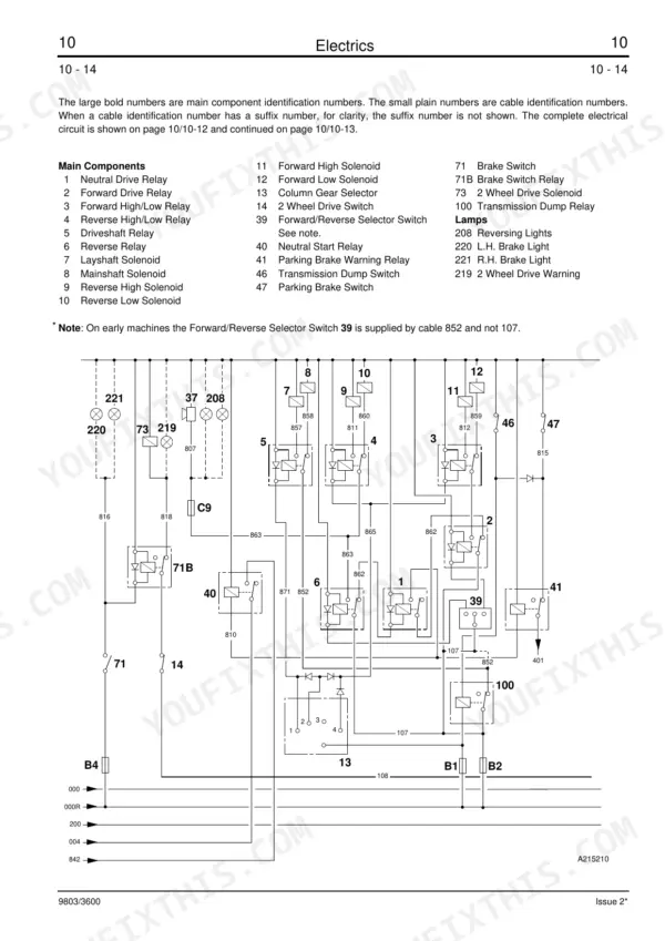 JCB 525-58 to 537-130 electrical wiring diagram showing transmission relays, solenoids, and lamp circuit components.