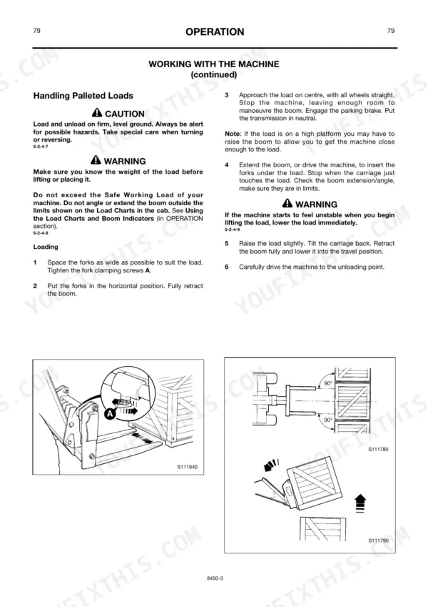 JCB 528-70, 528S, 530-60 operation manual page for handling palleted loads, including fork adjustment and lifting procedures.