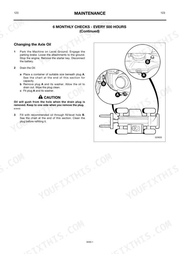 JCB 528-70, 528S, 530-60 maintenance procedure for changing axle oil, showing drain plug A and fill plug B locations.