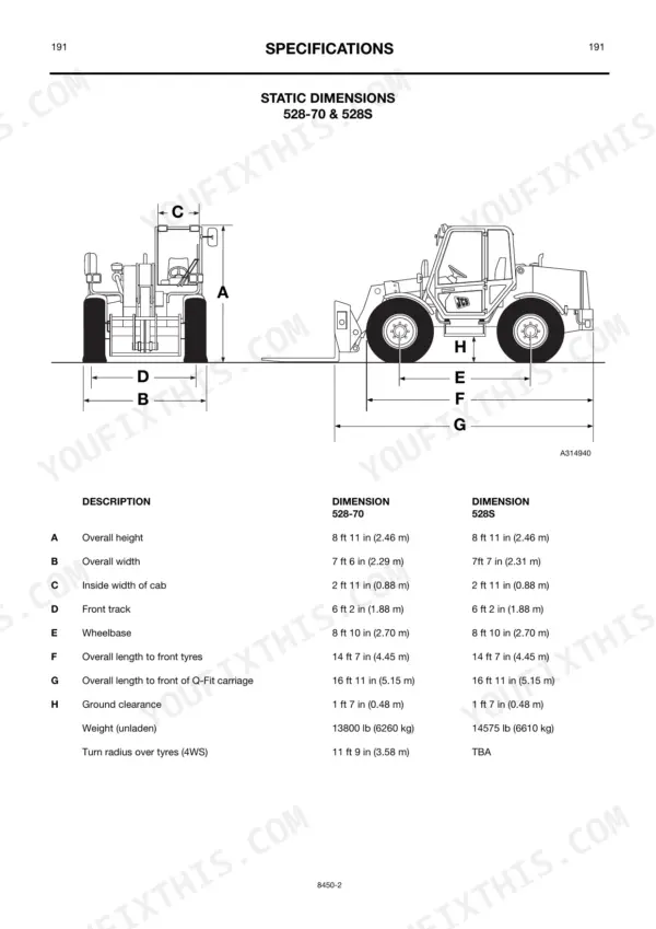 JCB 528-70, 528S, 530-60 static dimensions diagram and specification table for overall height, width, and wheelbase.