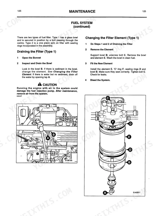JCB 530-110, 530-120, 537-120, 537-130 fuel system maintenance procedures for draining and changing type 1 filter element.