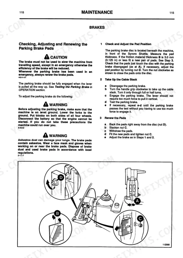 JCB 530-110, 530-120, 537-120, 537-130 maintenance manual: procedures for checking, adjusting, and renewing parking brake pads.
