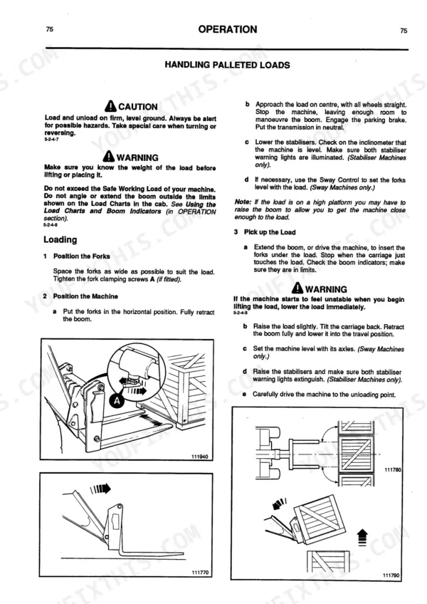 JCB 530-110, 530-120, 537-120, 537-130 manual page for handling palleted loads, including fork positioning and loading procedures.