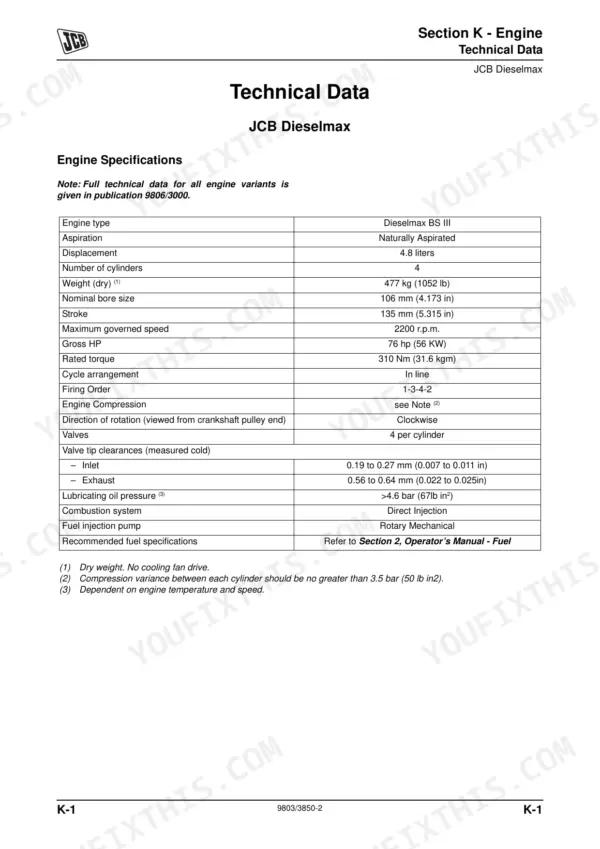 JCB 530-70, 530-110 technical data table for Dieselmax engine specifications including bore, stroke, and valve clearances.