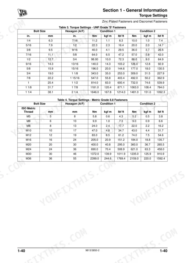 JCB 530-70, 530-110 torque settings table for UNF Grade S and Metric Grade 8.8 fasteners.