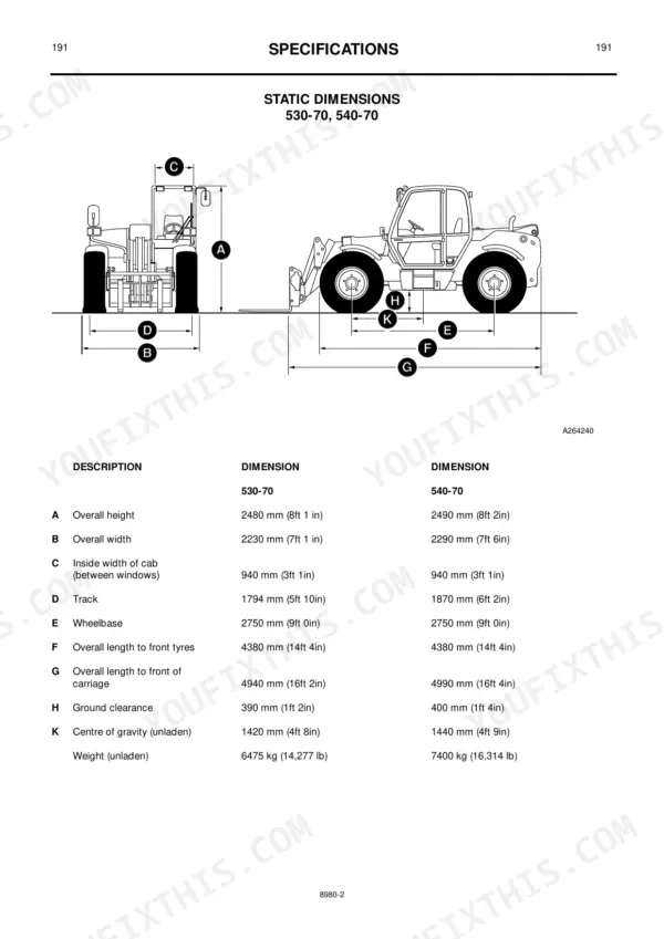 JCB 530-70, 532-120, 533-105, 535-60, 535-95, 535-125, 535-140, 537-135, 540-70, 540-140, 540-170 static dimensions spec table