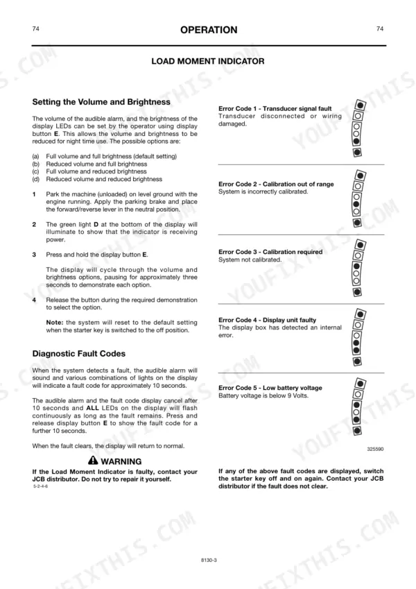 JCB 530-540 Load Moment Indicator operation, volume/brightness settings, and diagnostic error codes 1-5 guide.