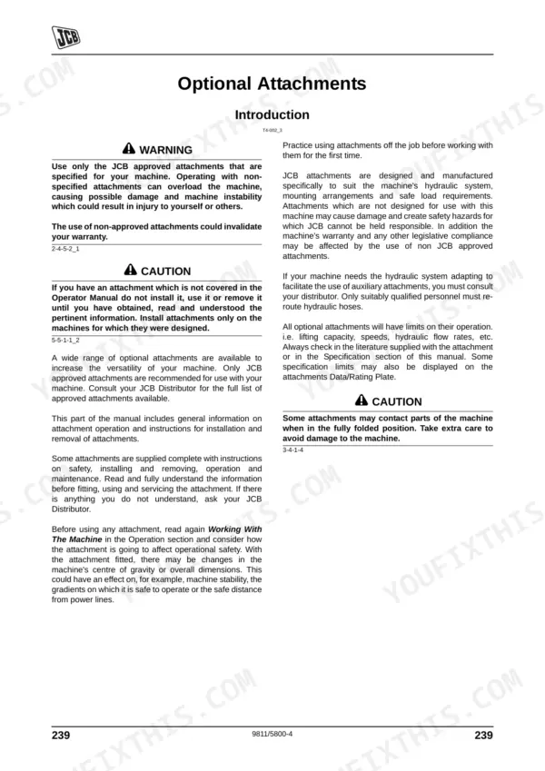 JCB 531-70 to 541-70 manual page covering safety warnings and introduction for optional machine attachments.