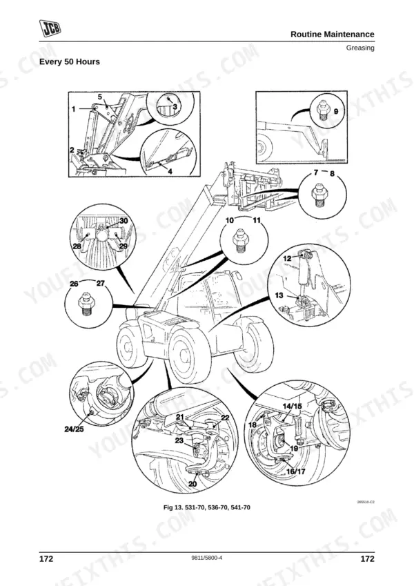 JCB 531-70, 536-70, 541-70 routine maintenance diagram showing 50-hour greasing points for boom, axle, and steering components.