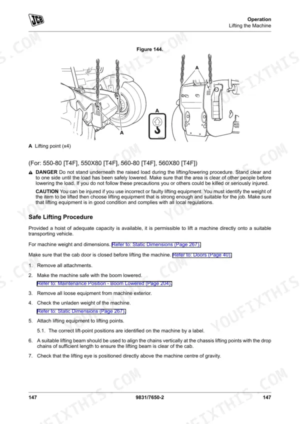 JCB 531-70 to 560-80 manual: Figure 144 showing safe lifting points and procedure for lifting the machine with a hoist.