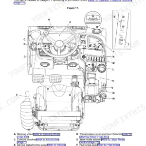 JCB 531-70 to 560-80 operator station diagram showing steering wheel, pedals, transmission lever, and console switch locations.