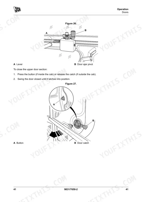 JCB 531-70 to 560X80 manual: upper door section diagram showing the operating lever, ajar pivot, release button, and catch.