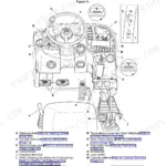 JCB 540-v140, 540-v180 operator station diagram showing controls, steering wheel, pedals, and instrument panel locations.