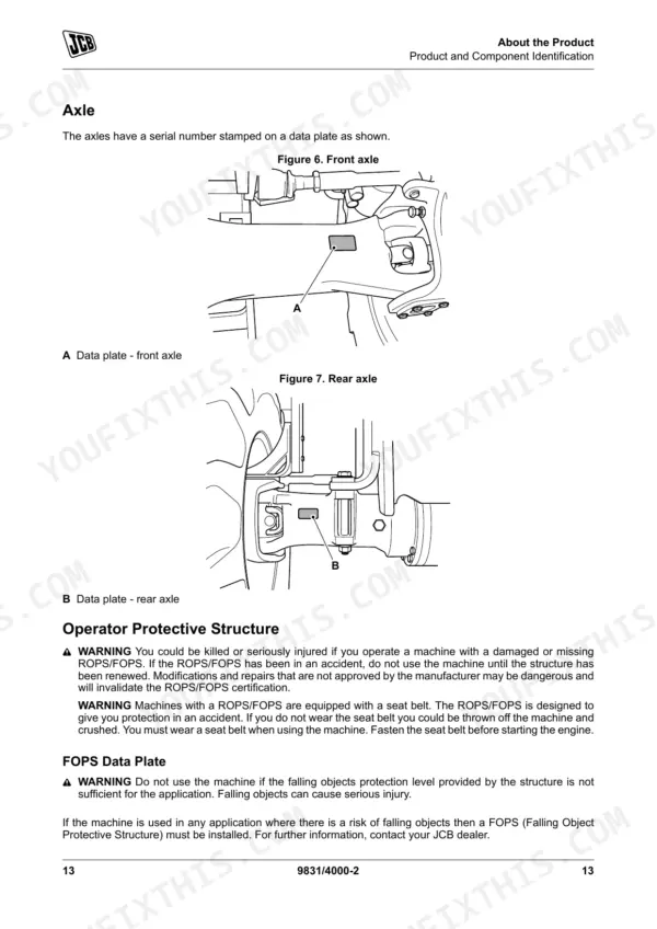 JCB 540-v140, 540-v180 diagrams showing front and rear axle data plate locations and ROPS/FOPS safety warnings.