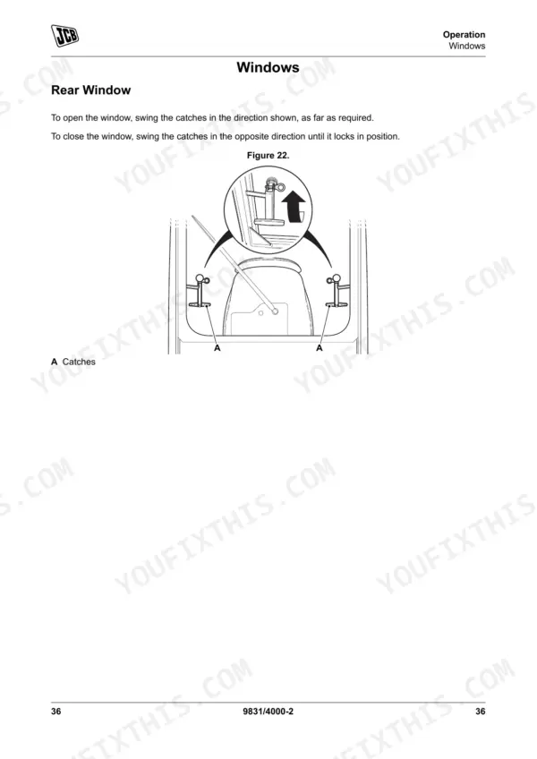 JCB 540-v140, 540-v180 rear window operation diagram showing how to open and close window catches.