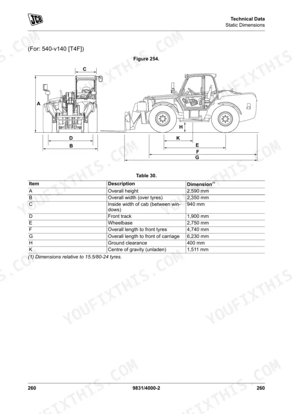 JCB 540-v140, 540-v180 static dimensions diagram and technical data table for machine height, width, and wheelbase.