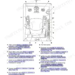 JCB 65 R-1 operator station diagram showing component locations for controls, seat, HVAC, and emergency equipment.