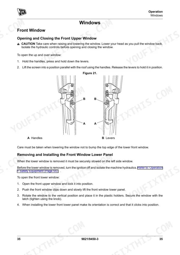 JCB 65 R-1 procedures for opening, closing, and removing the front upper and lower window panels with handle diagram.