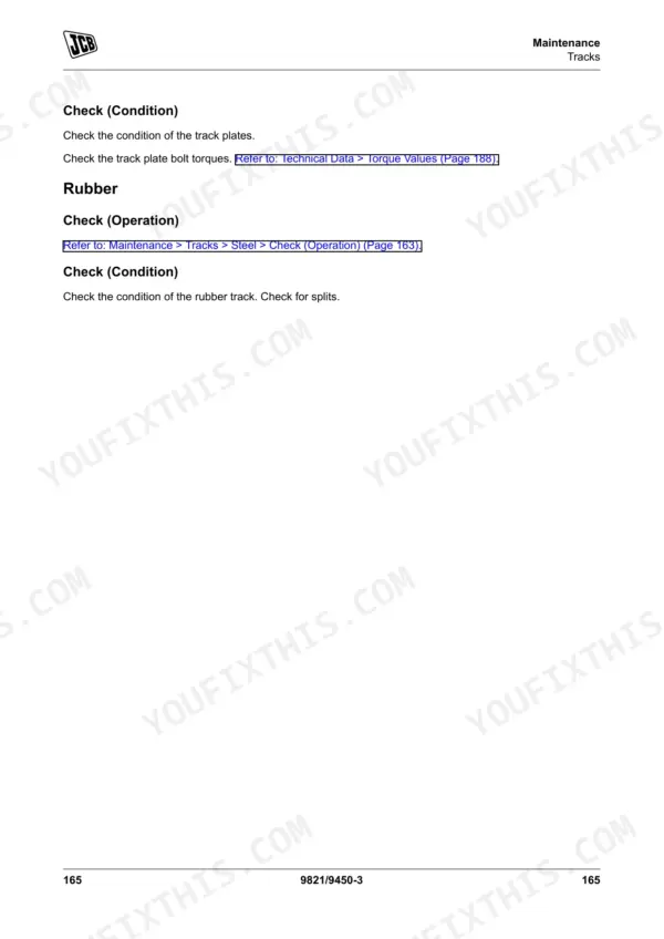 JCB 65 R-1 maintenance manual page for checking steel and rubber track condition and bolt torque specifications.