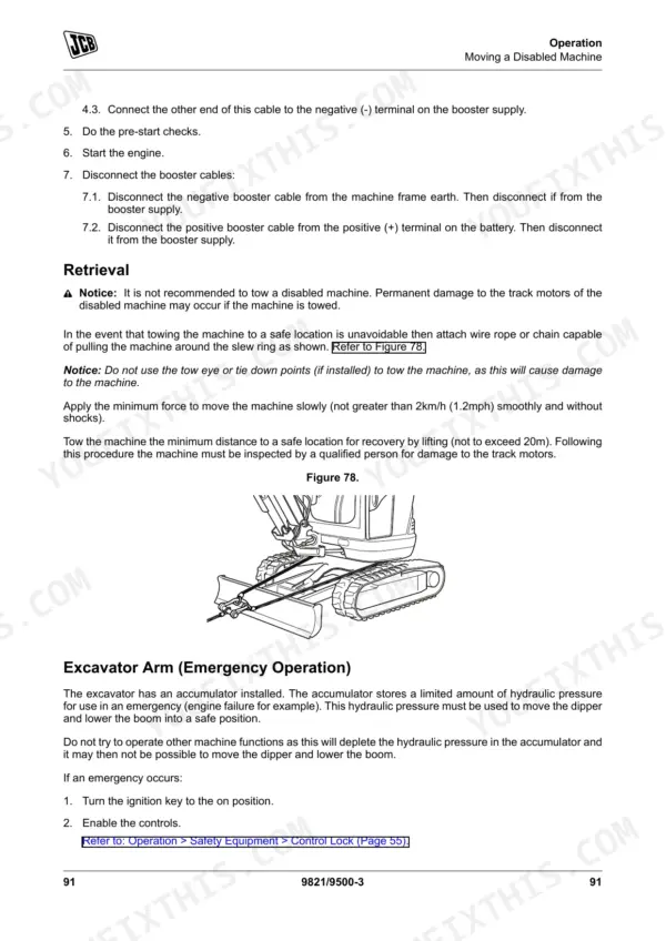 JCB 67 C-1 manual page for moving a disabled machine, towing retrieval procedures, and emergency excavator arm operation.