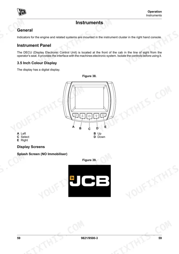 JCB 67 C-1 instrument panel DECU 3.5 inch display diagram with navigation buttons and splash screen illustration.