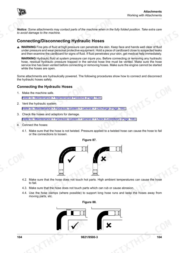 JCB 67 C-1 procedure for connecting and disconnecting hydraulic hoses with diagrams showing correct hose routing.